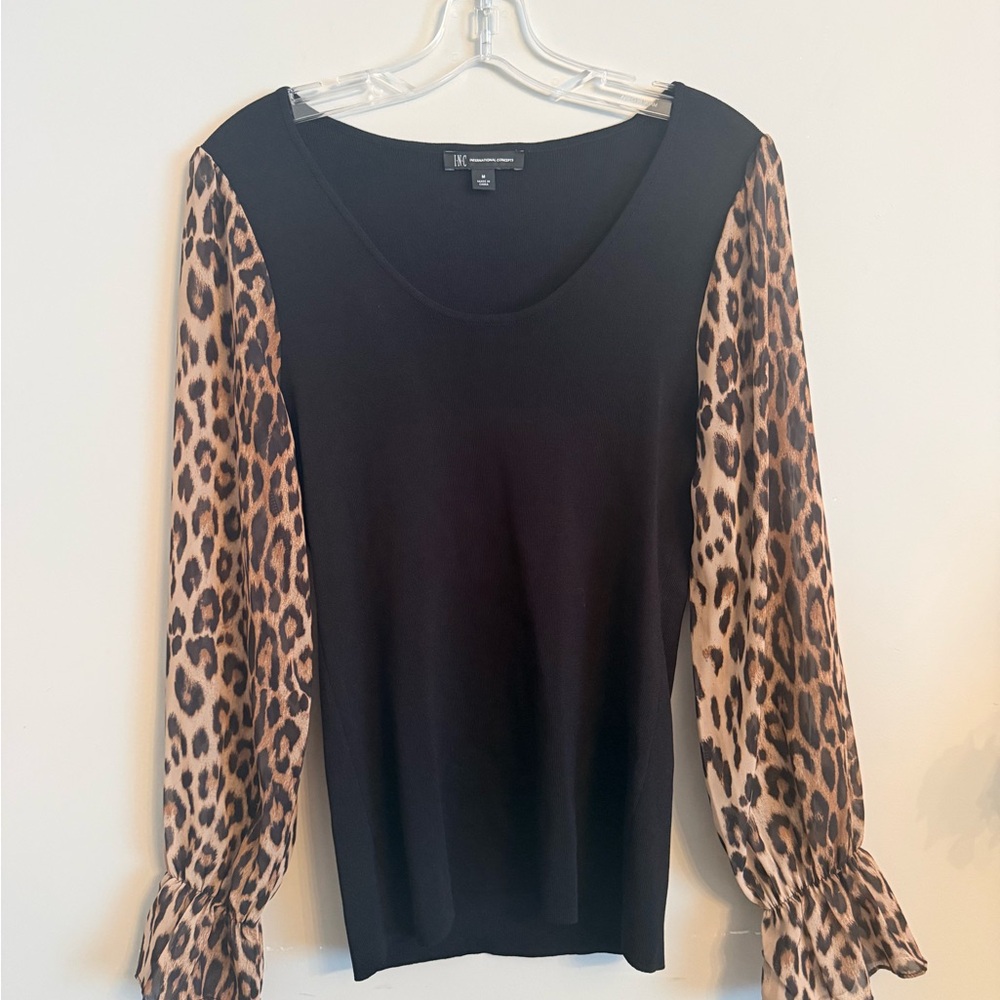 INC International Concepts Black Top with Leopard Print Sleeves - Picture 2 of 4